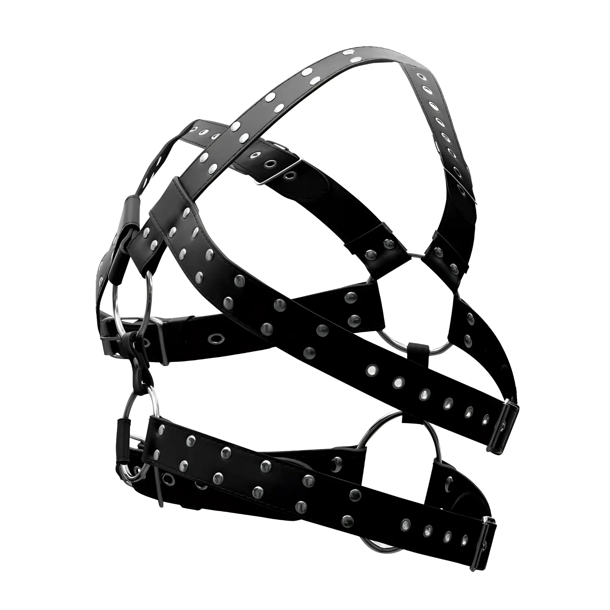 Male power 591-266 black leather gemini harness with silver studs and metal rings for men