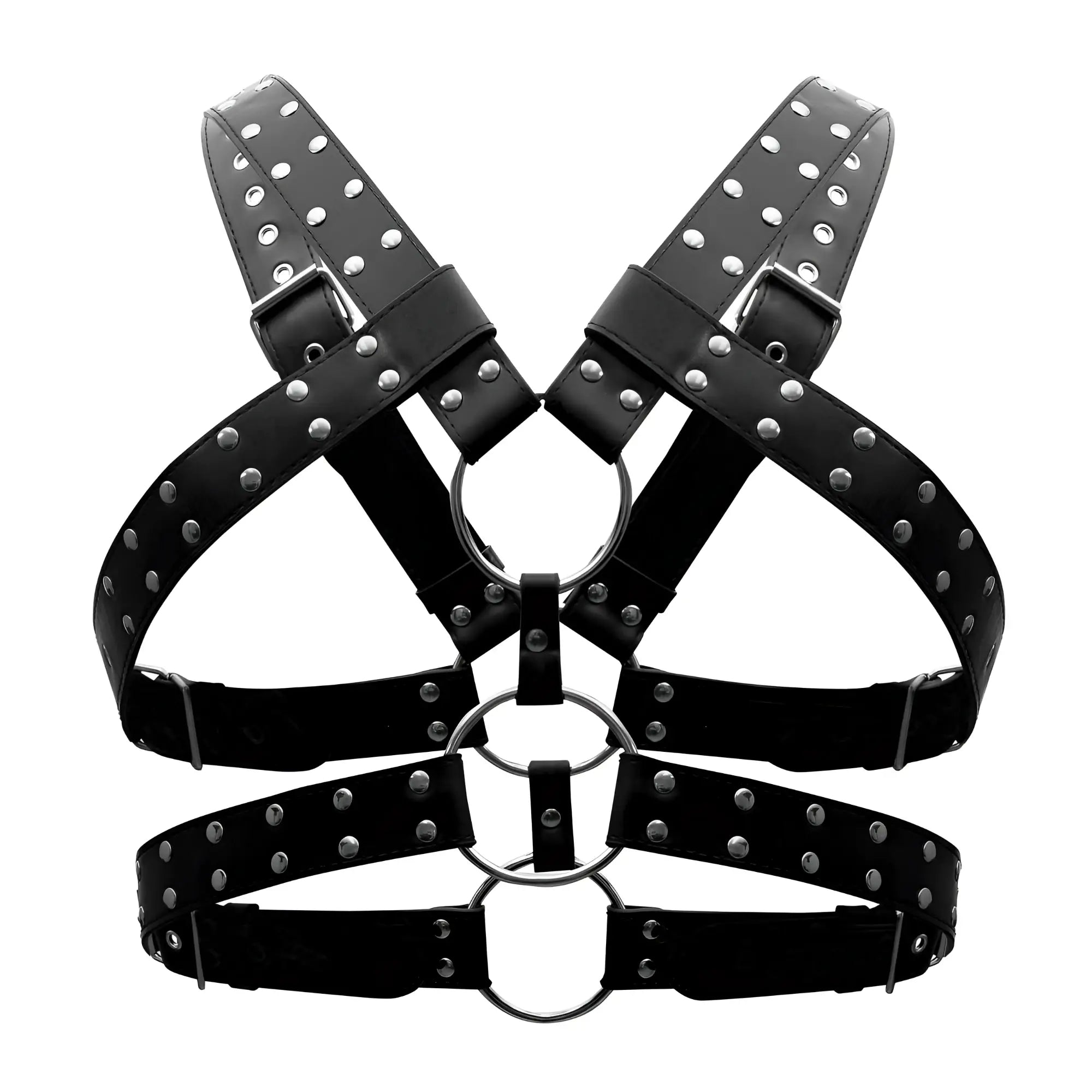 Male power 591-266 leather gemini harness in black with silver studs and metal rings made from black leather
