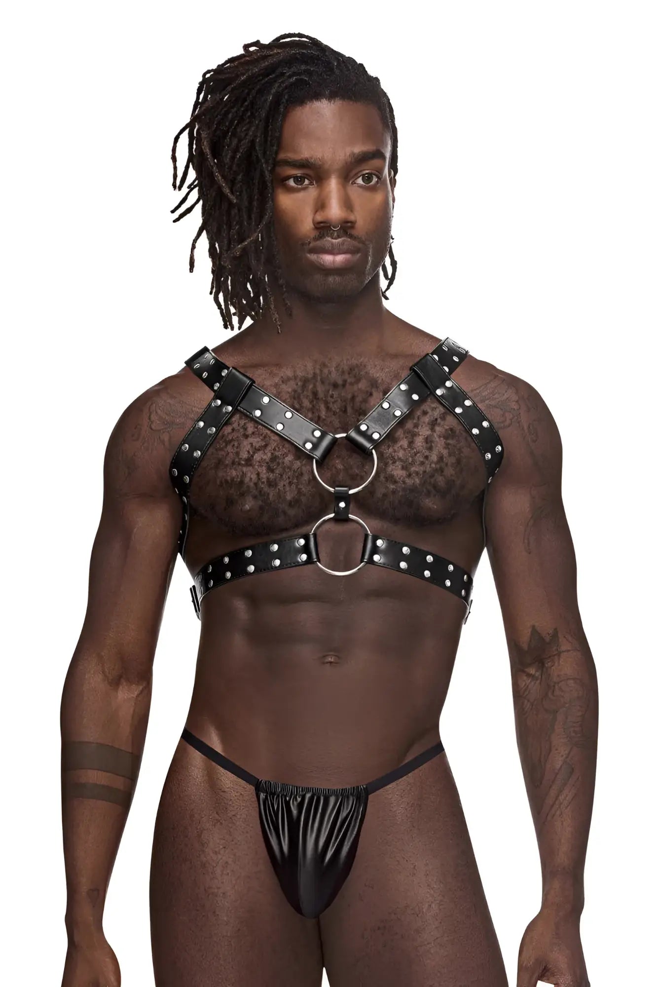 Male power 591-266 black leather male harness with silver studs and metal rings for a bold look