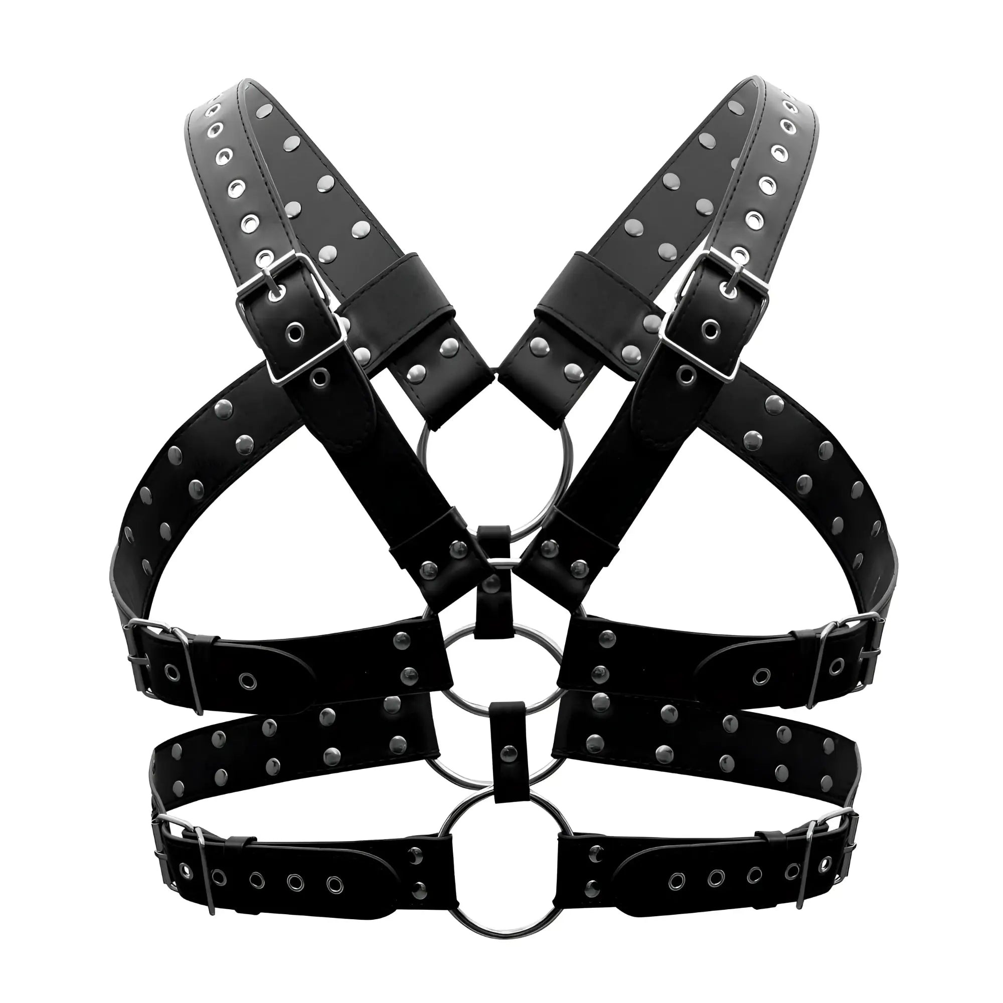 Male power 591-266 black leather gemini harness with silver studs and metal rings for men