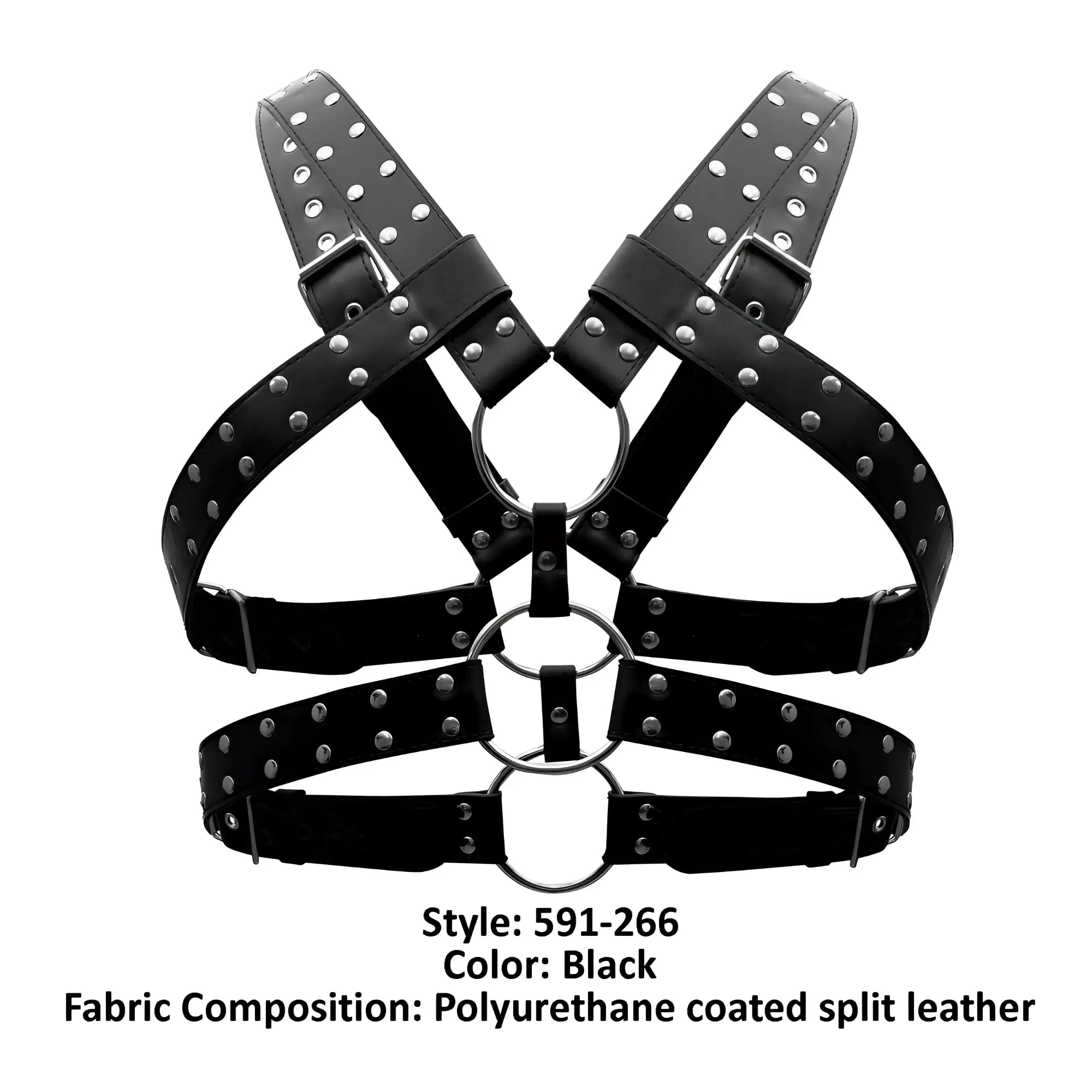 Male power 591-266 leather gemini harness in black polyurethane coated split leather with silver studs rings and buckles