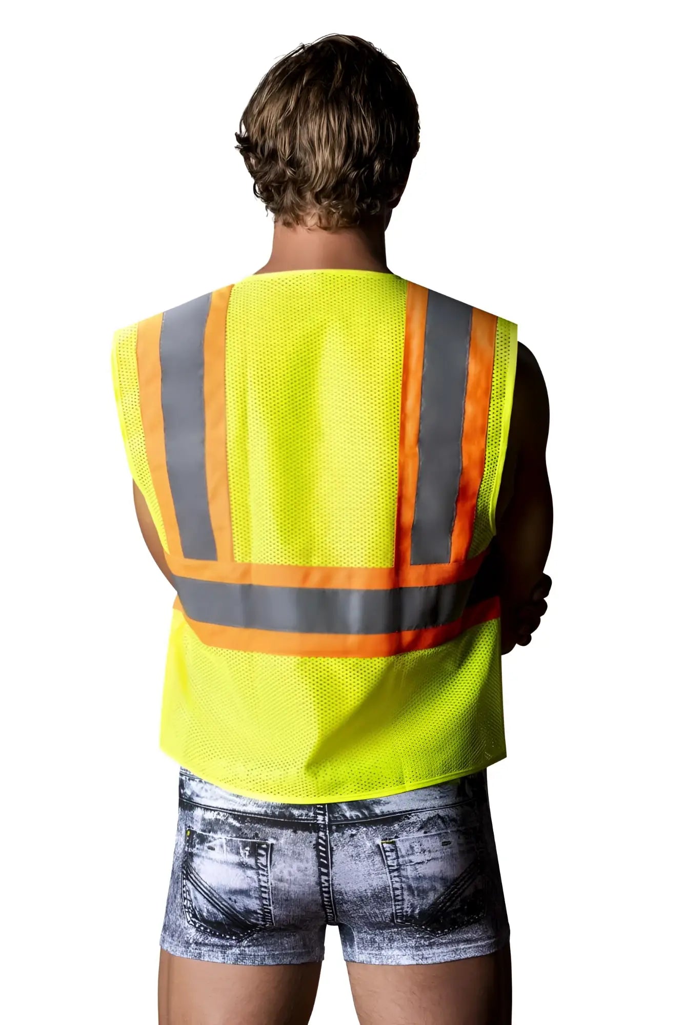 Bright yellow high-visibility safety vest with reflective gray and orange stripes for male power mpc-010 costume denim