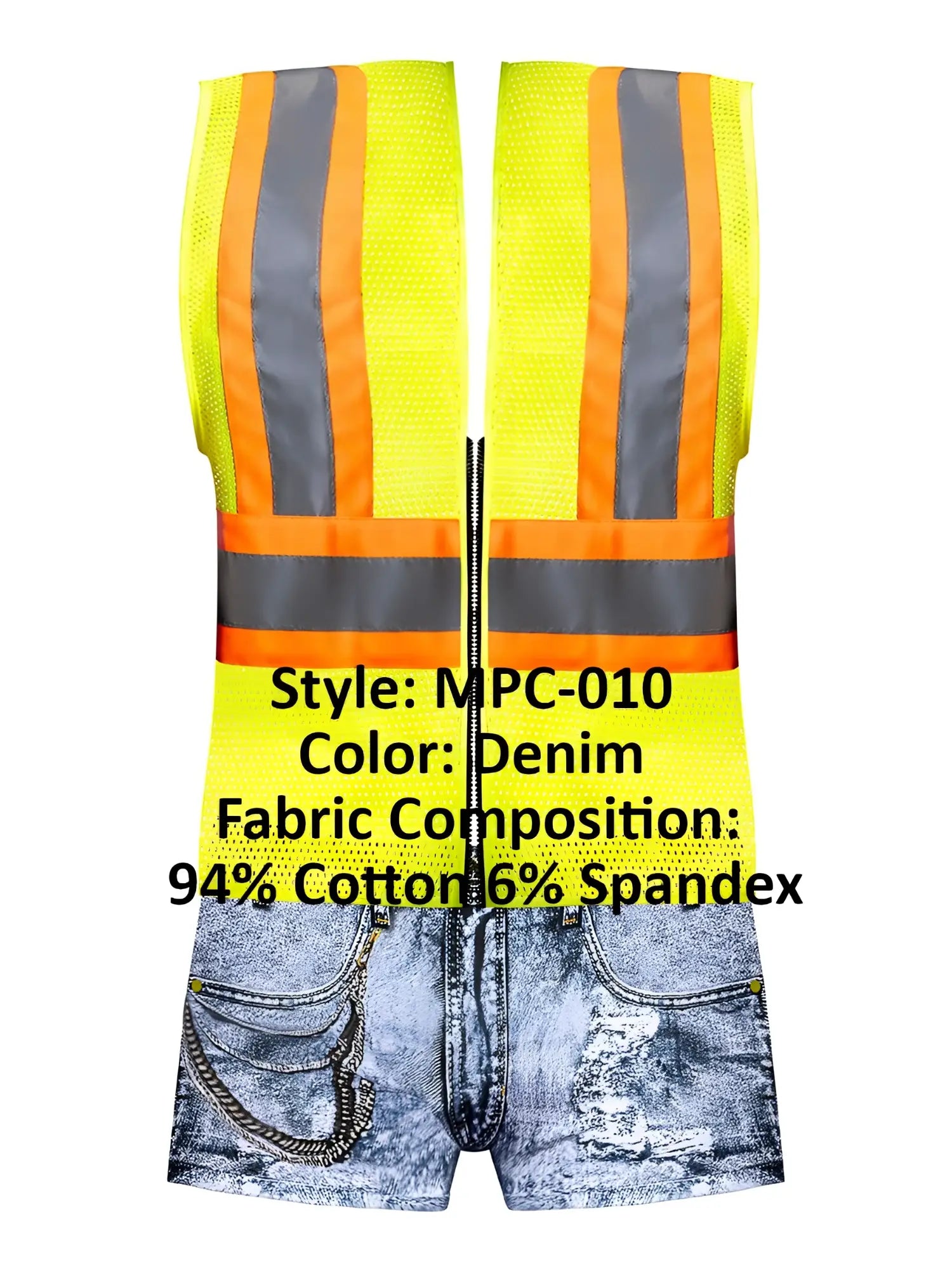 Male Power MPC-010 working hard costume with bright yellow mesh high-visibility vest and denim shorts with reflective stripes