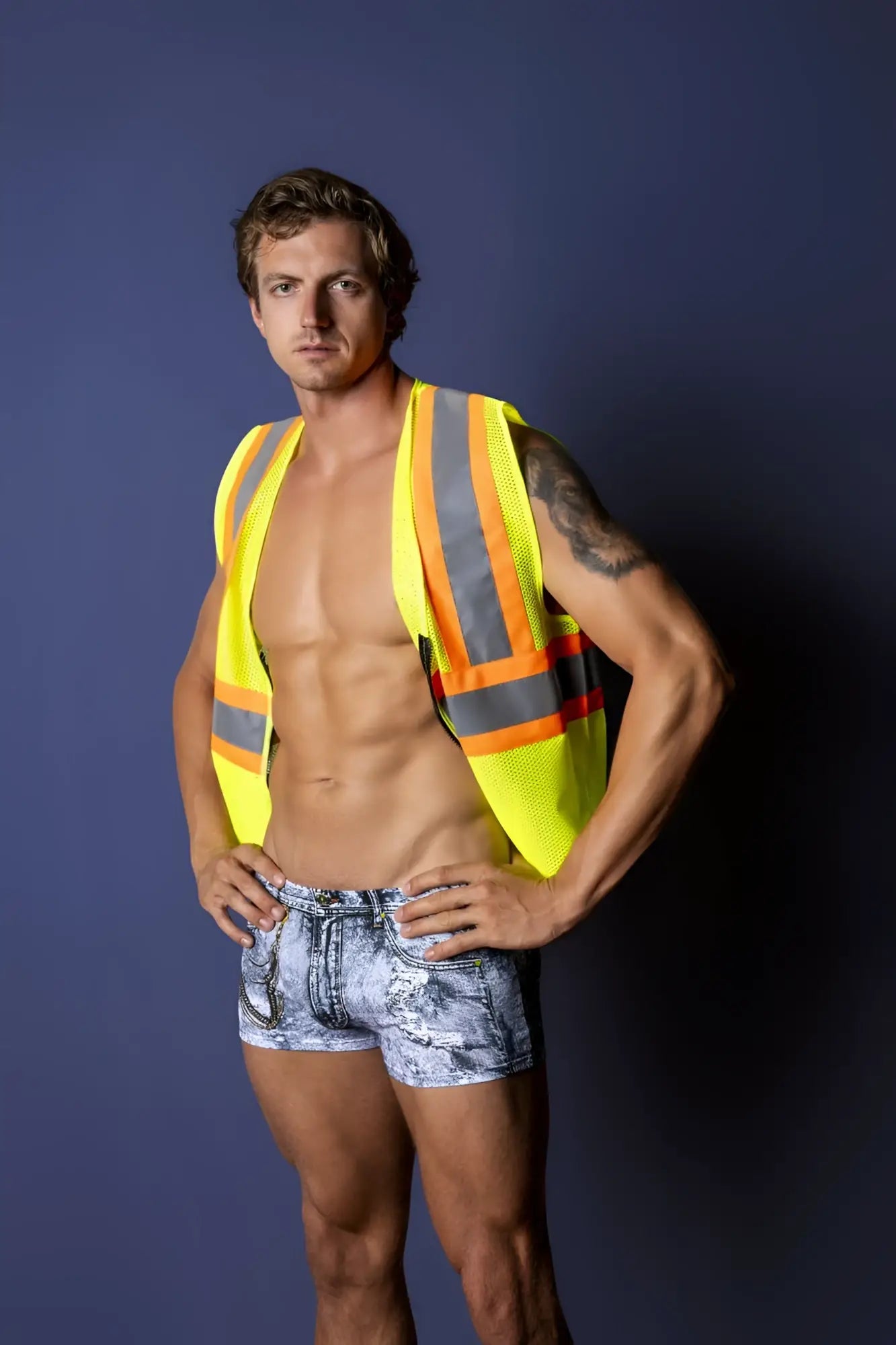 Yellow safety vest with reflective orange and gray stripes part of male power mpc-010 working hard denim costume
