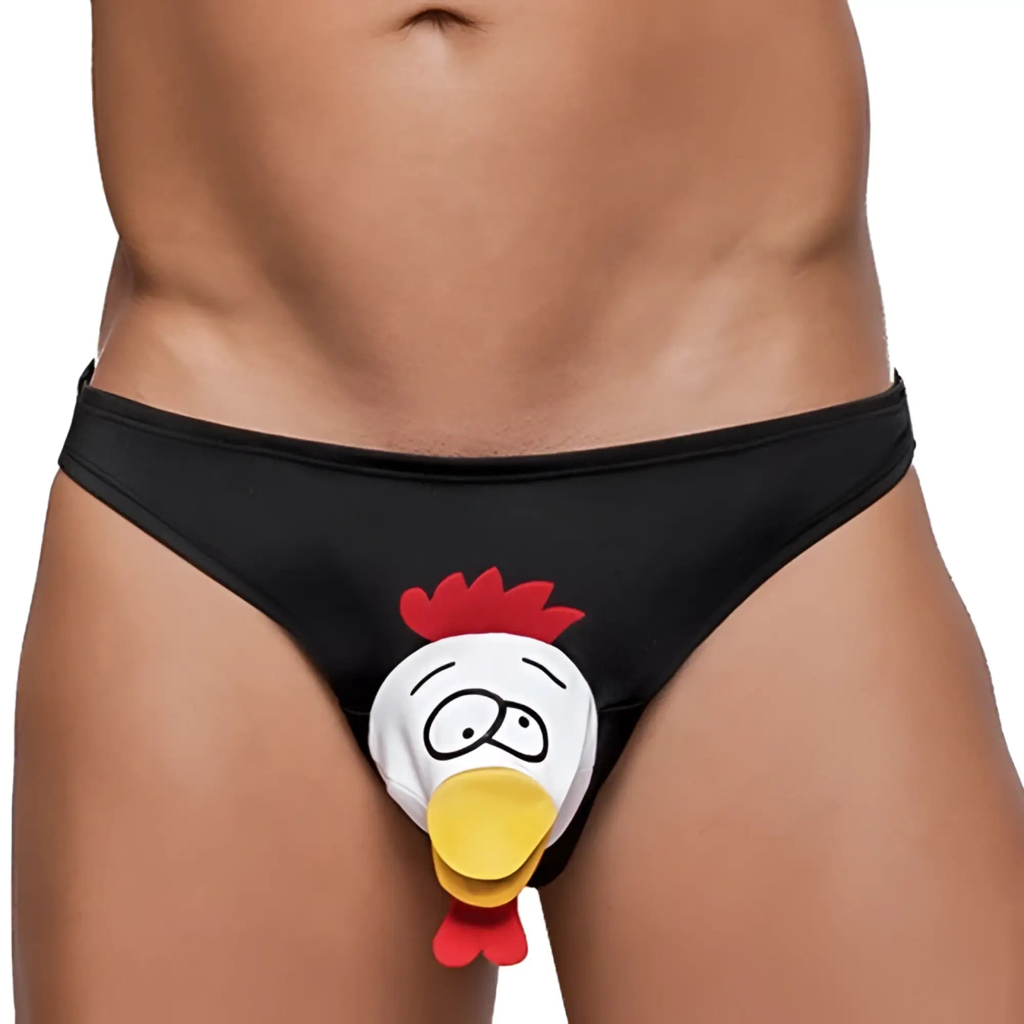 Black male power novelty bikini briefs with cartoon chicken face red comb yellow beak and white head size one size