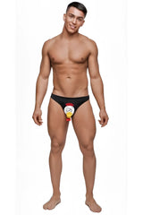 Black men’s briefs with a cartoon chicken face featuring red comb and yellow beak by male power size one size