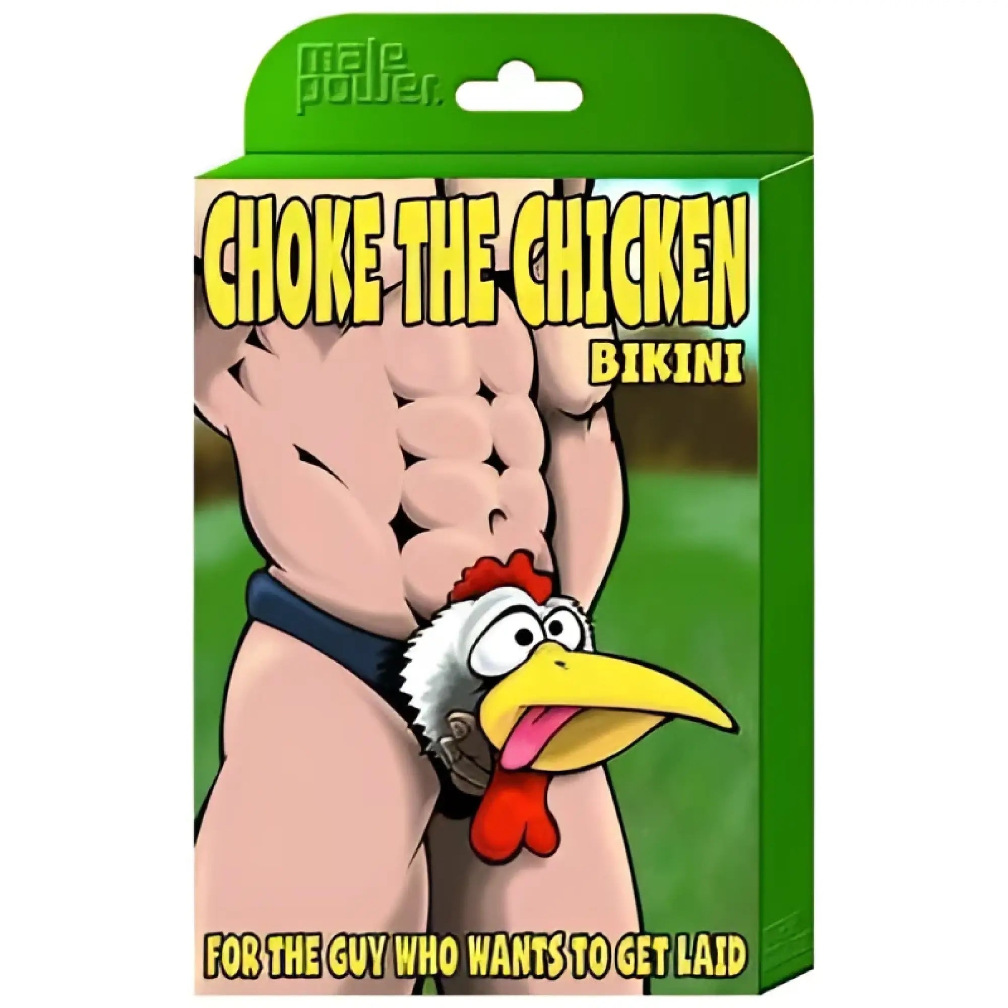 Green packaged male power novelty choke the chicken bikini underwear with cartoon chicken design and bold yellow text