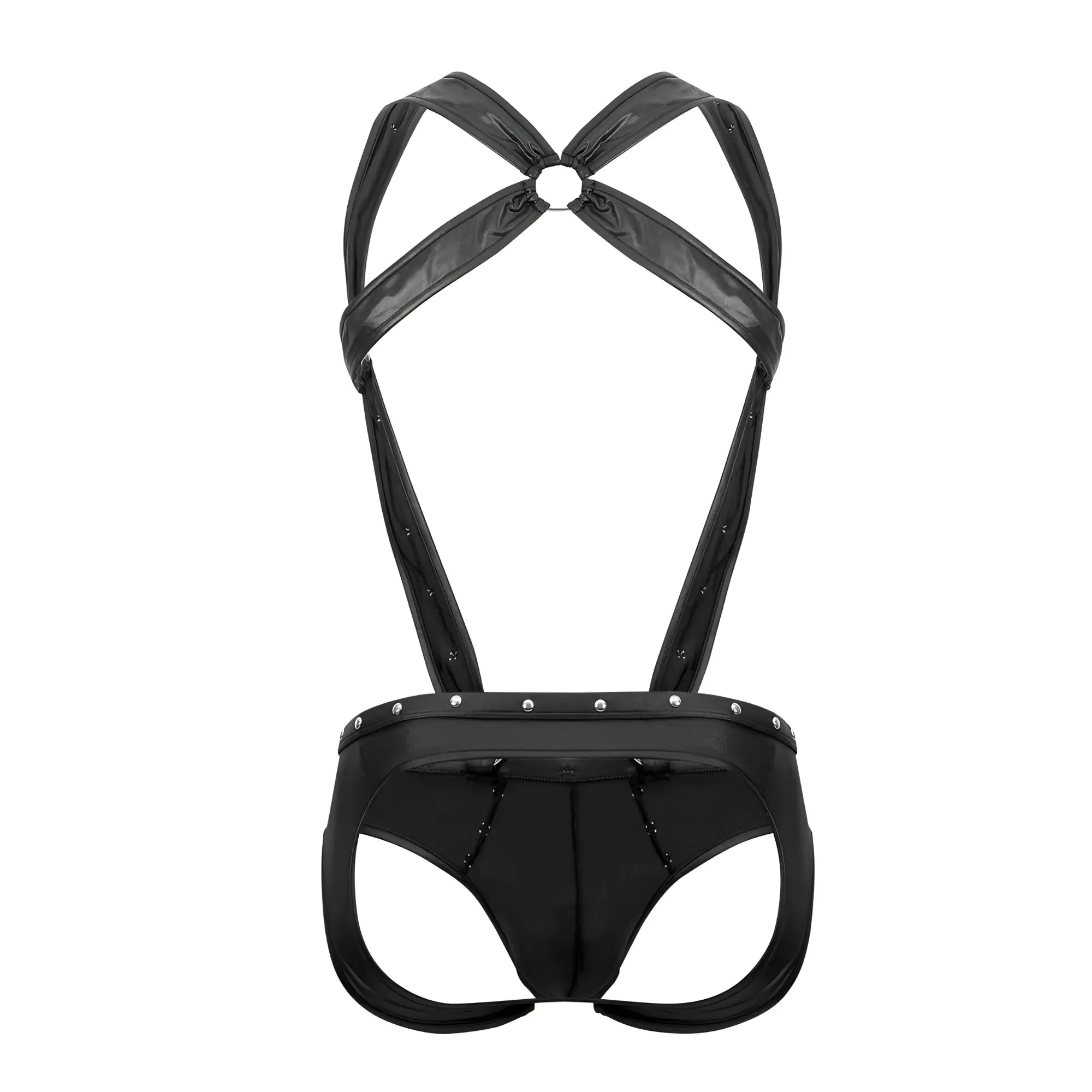 Back view of male power pak-154 fetish uranus jockstrap in black faux leather with crisscross straps and silver studs