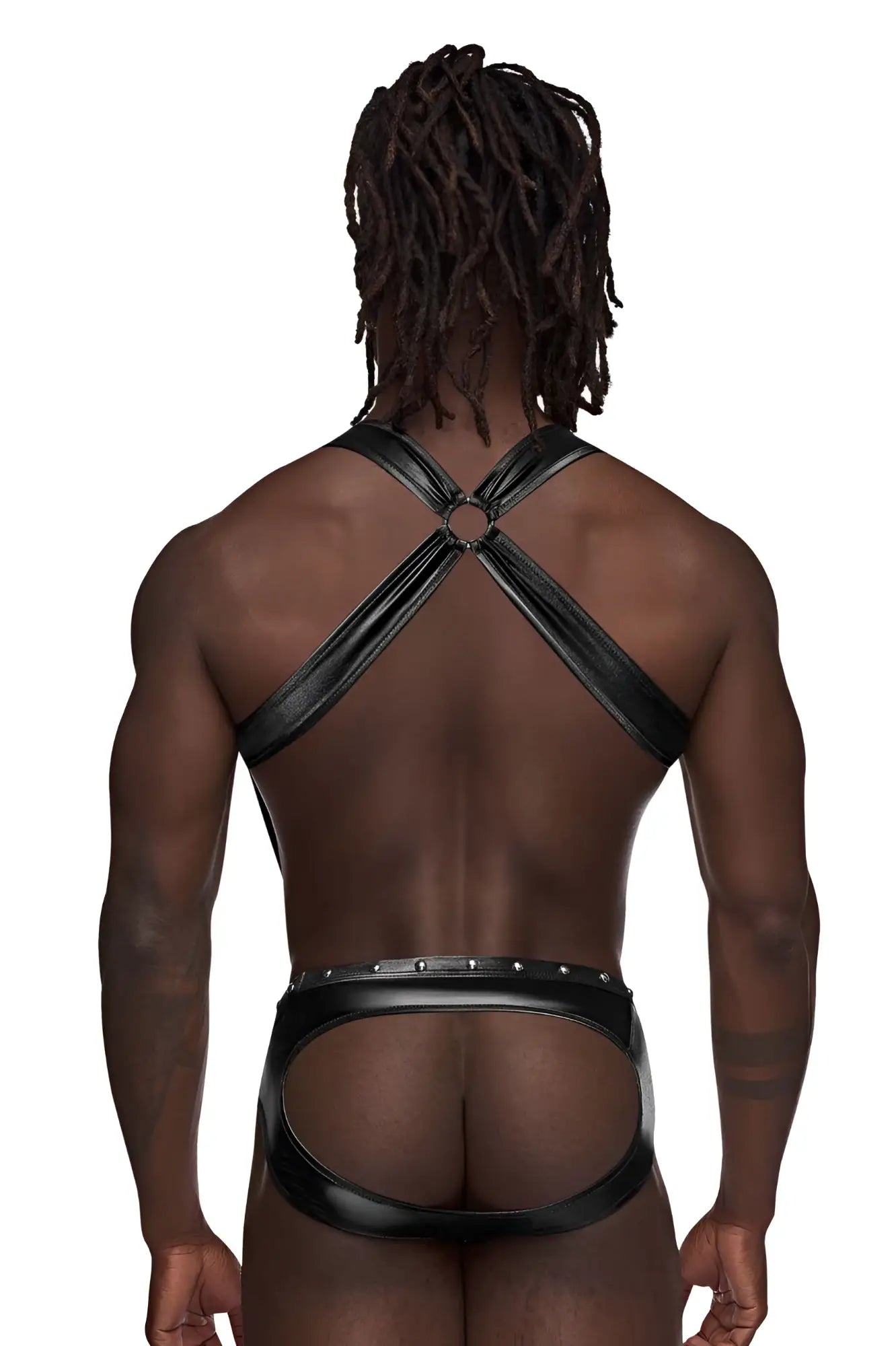 Black faux leather male power PAK-154 fetish Uranus jockstrap back with crisscross straps and studded waistband