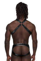 Black faux leather male power PAK-154 fetish Uranus jockstrap back with crisscross straps and studded waistband