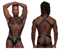 Black leather harness bodysuit with studded straps and back cross design shown from the back in male power pak-154 fetish jockstrap