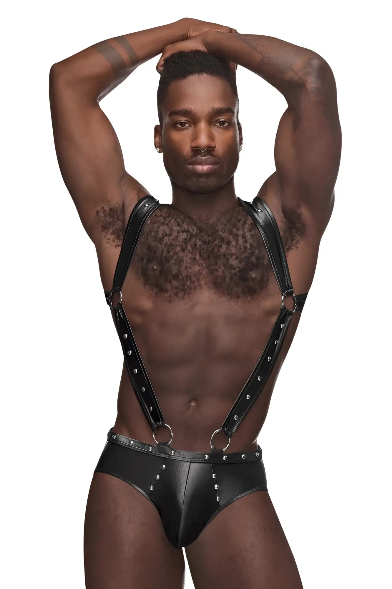 Black leather fetish uranium jockstrap with silver studs and metal rings by male power in black
