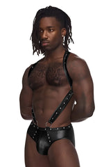Black leather harness-style bodysuit with silver studs and metal rings from male power fetich uranus jockstrap collection