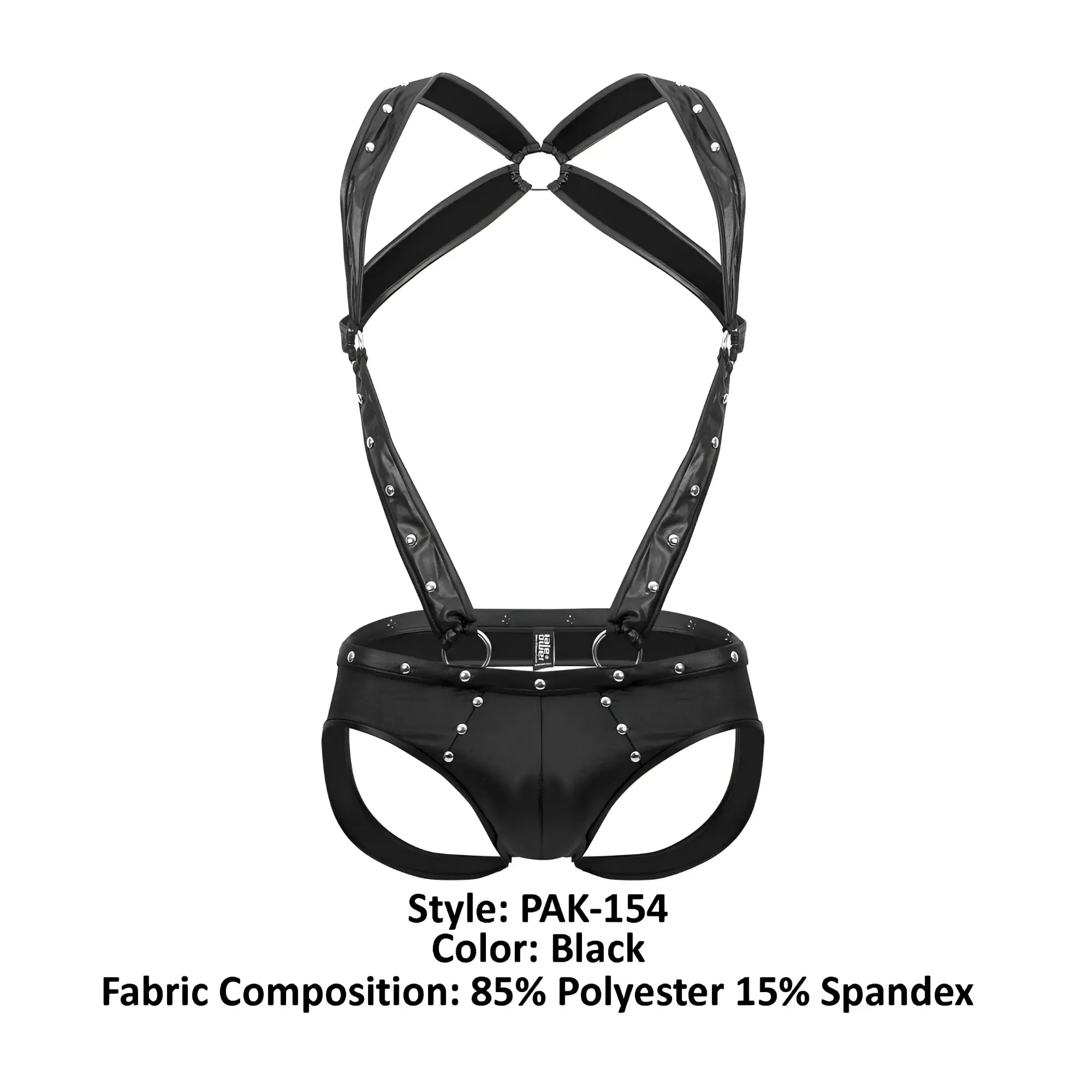 Male power pak-154 fetish uranus black leather-like harness jockstrap with silver studs and rings visible from the back