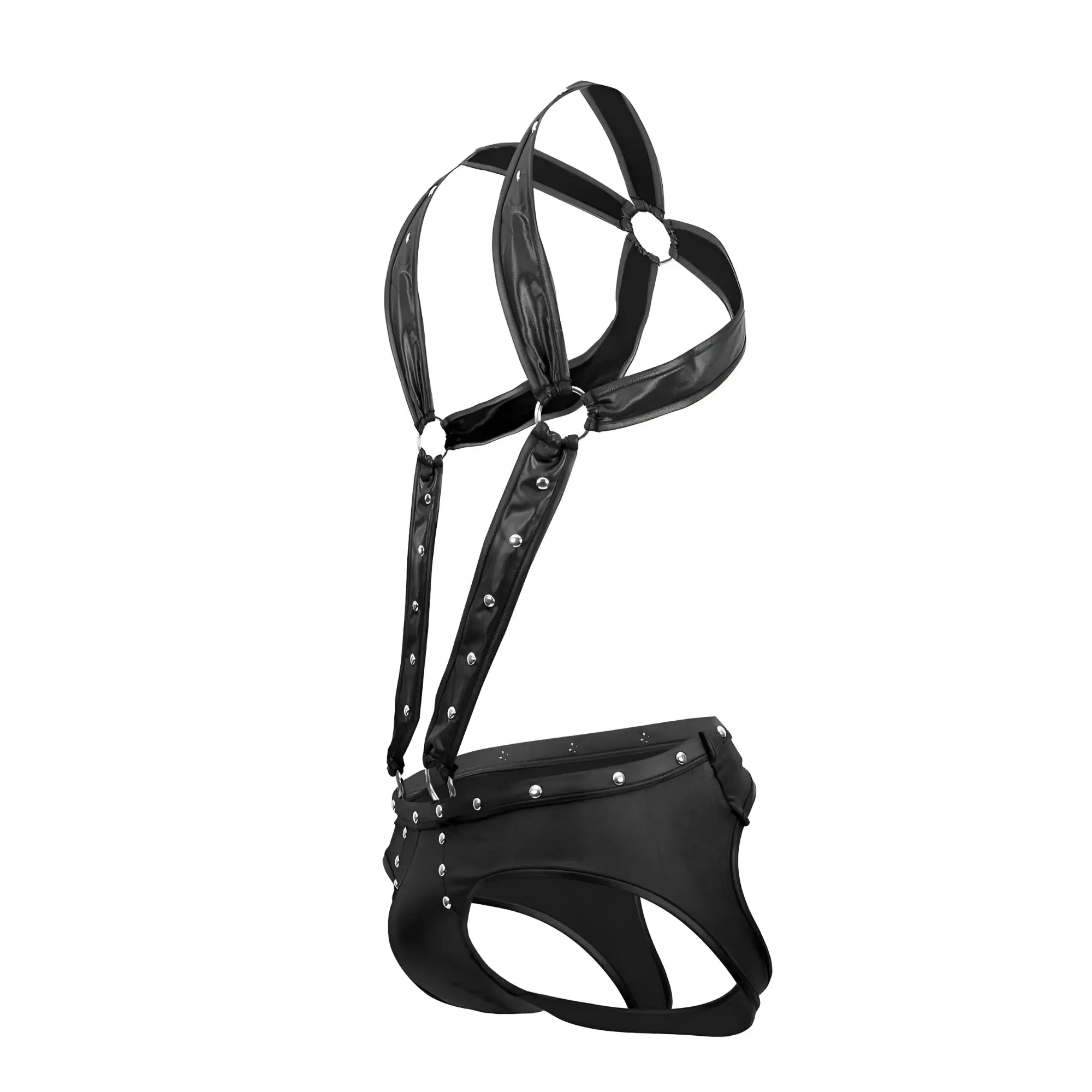 Male power pak-154 fetish uranus black patent leather harness with silver studs and metal rings frontline view