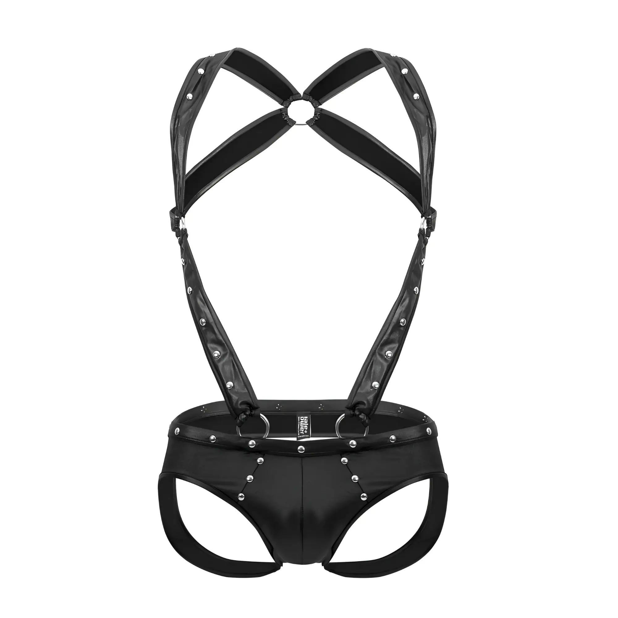 Male power pak-154 fetish uranus black patent leather harness briefs with silver studs and adjustable straps