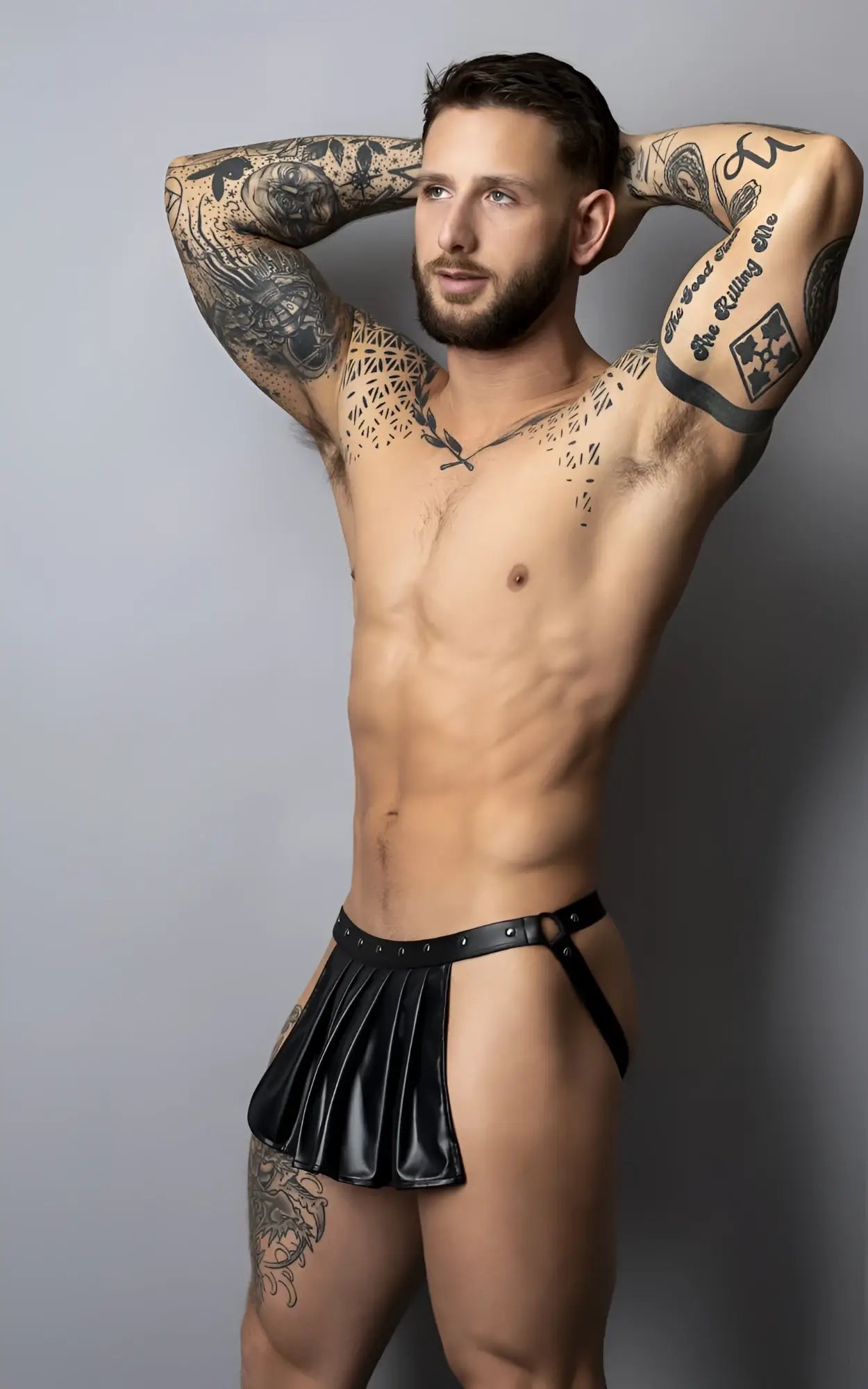 Black leather pleated briefs with studded belt detail by male power model pak-158 fetish spartacus in black