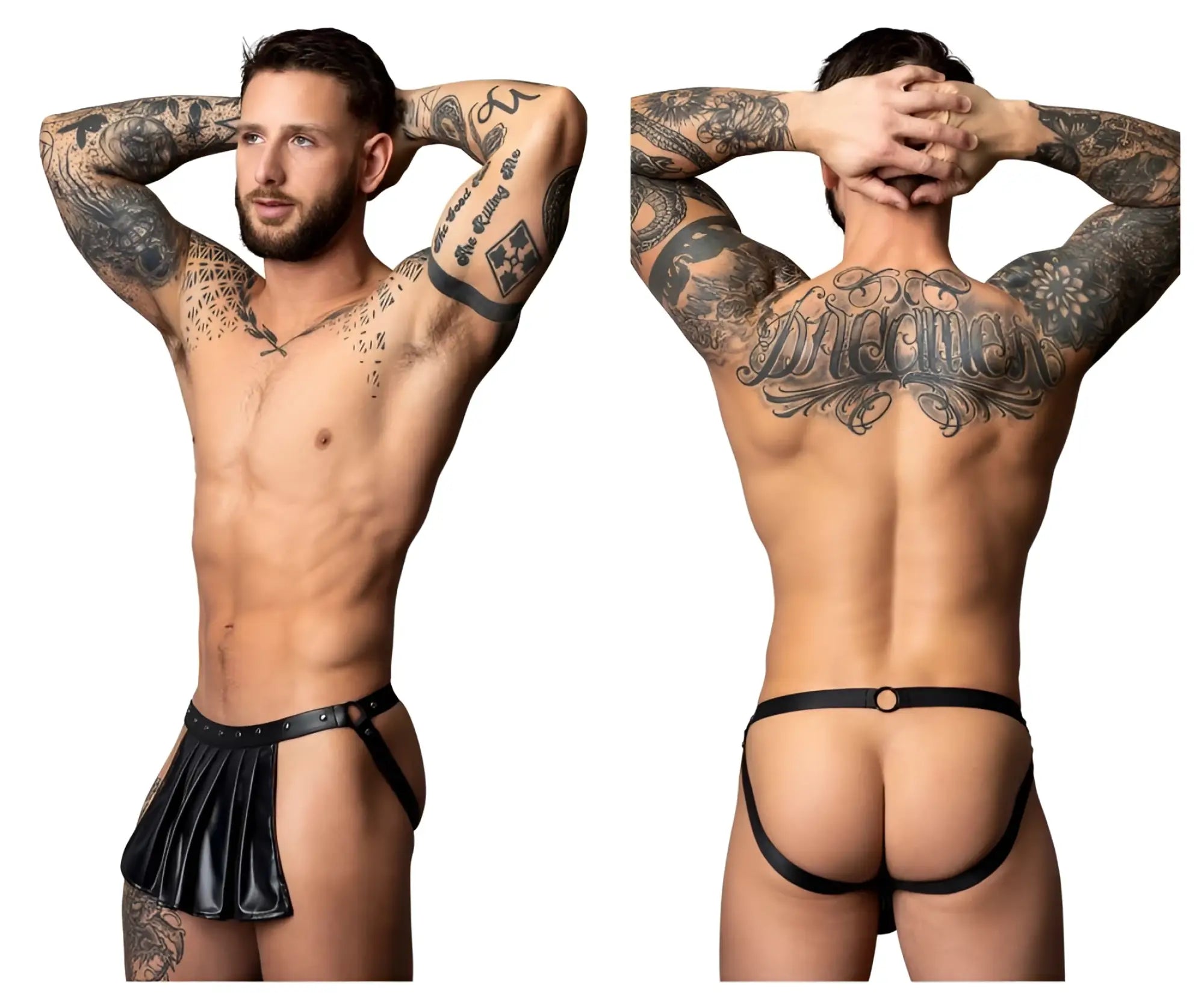Black leather thong with pleated skirt detail and adjustable straps from male power pak-158 fetish spartacus in black