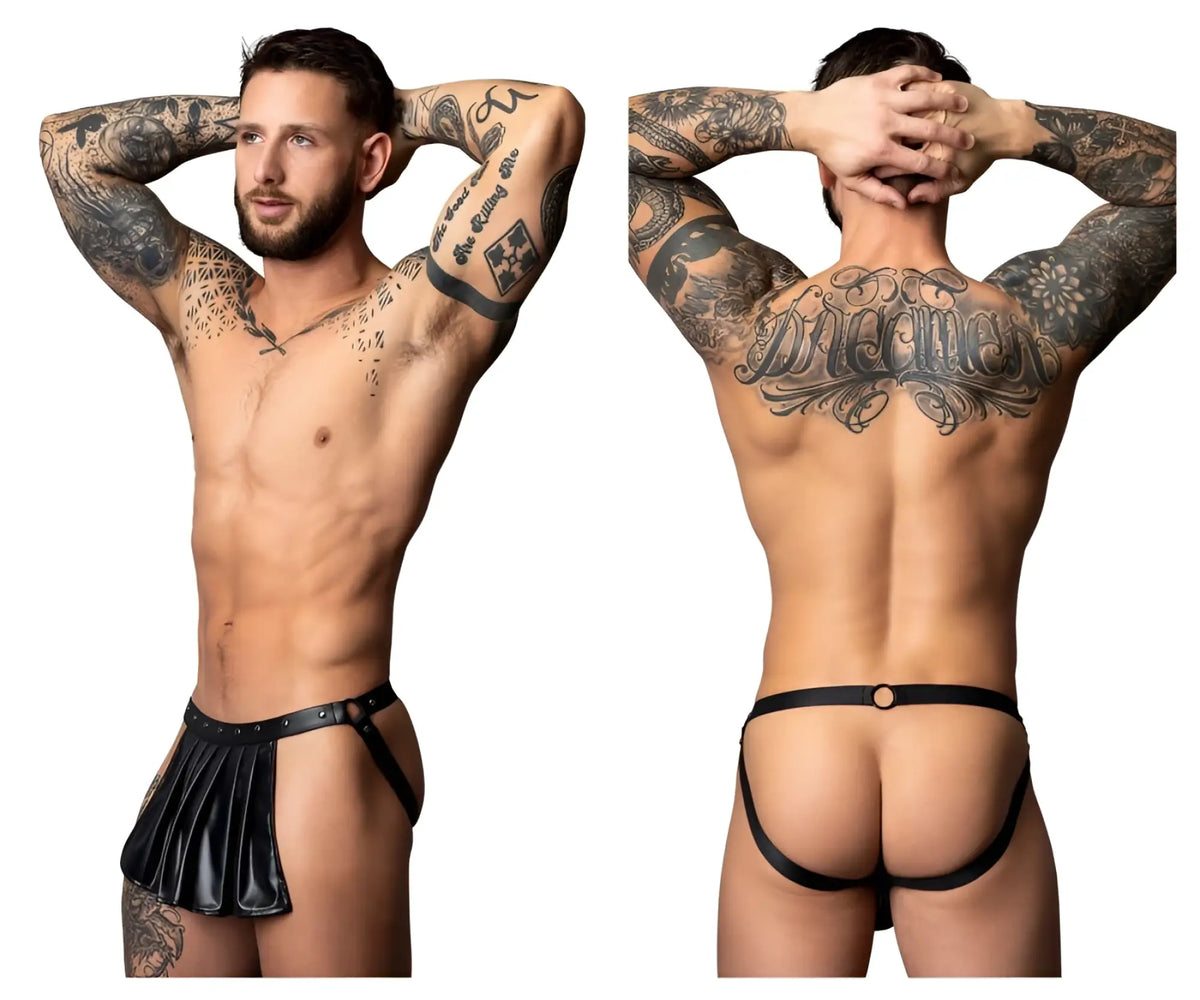 Black leather thong with pleated skirt detail and adjustable straps from male power pak-158 fetish spartacus in black