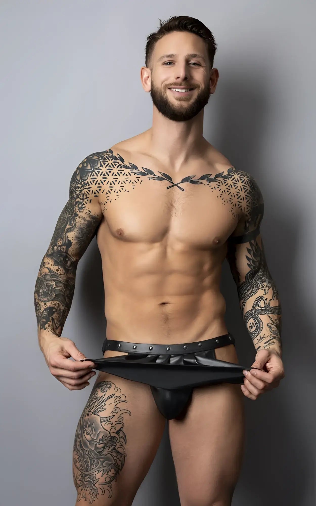 Male power pak-158 fetish spartacus black leather thong with studded belt detail shown from the back side