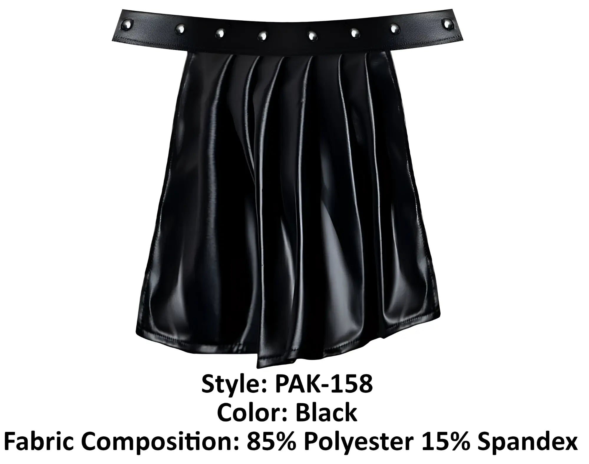 Black pleated skirt with a faux leather belt and silver toned studs from Male Power PAK-158 Fetish Spartacus line