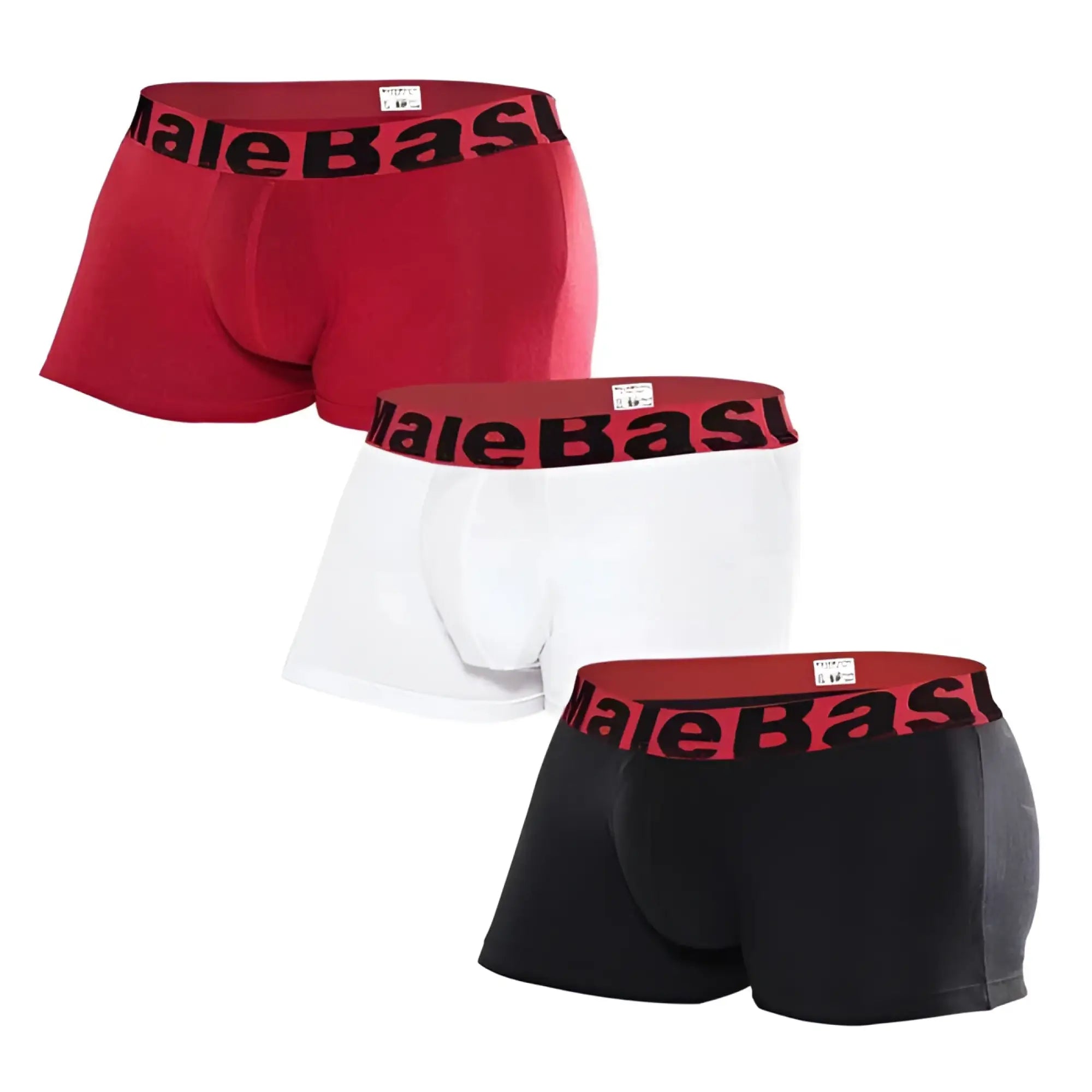MaleBasics 3-pack assorted trunks in red white and black boxer briefs with contrasting elastic waistbands and brand name