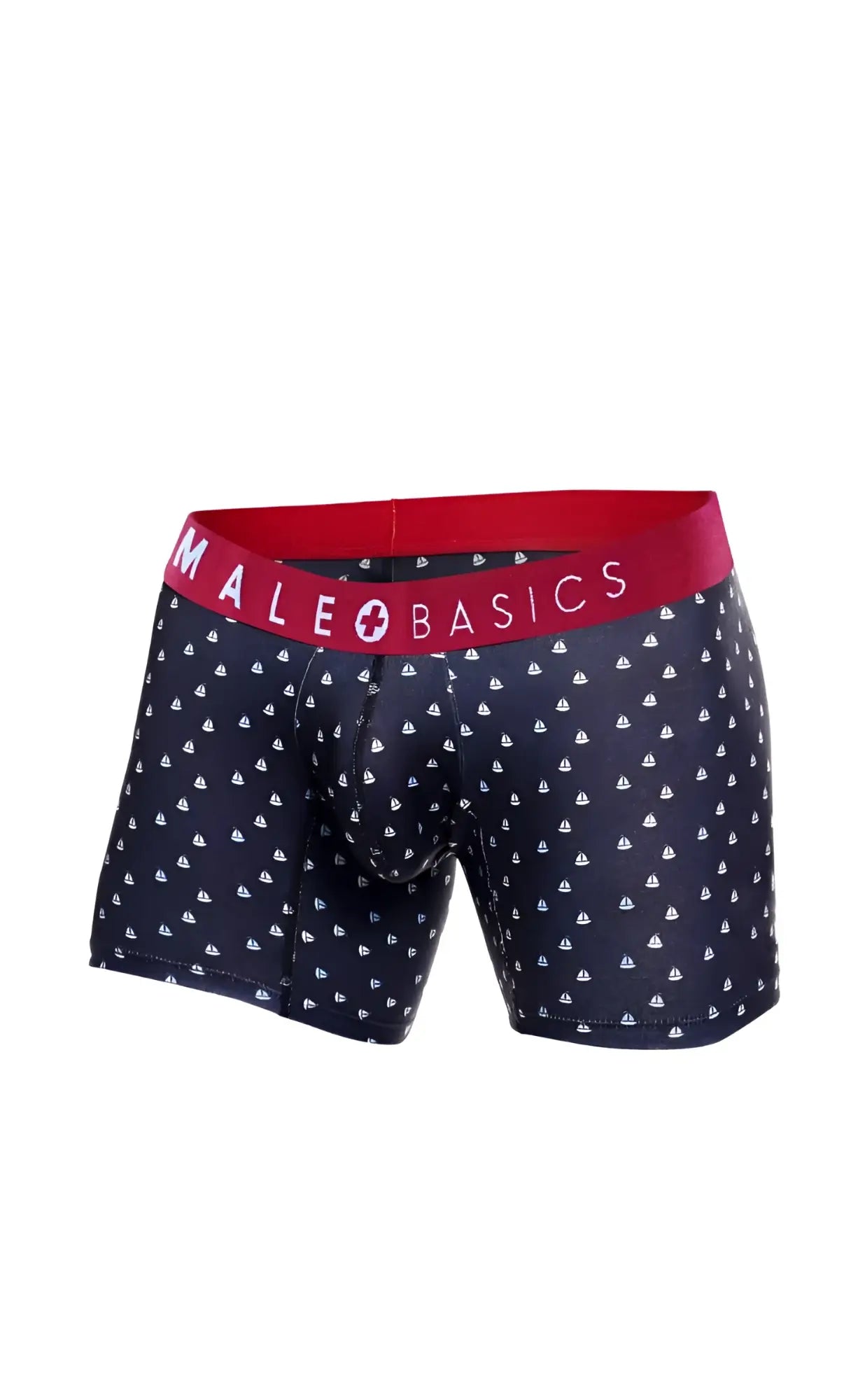 Dark navy boxer briefs with white sailboat pattern and red waistband featuring male basics logo from 3-pack boats set