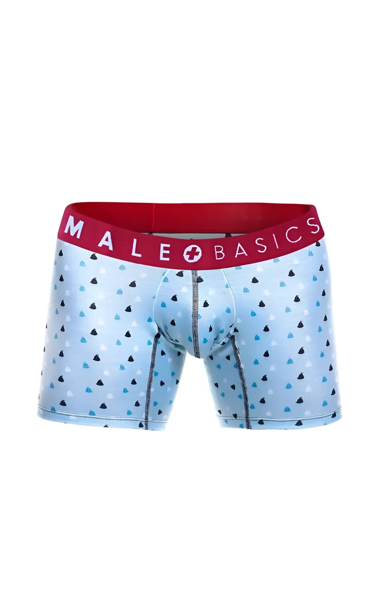Light blue men’s boxer briefs with black and teal triangle pattern and red male basics waistband from 3-pack boats set