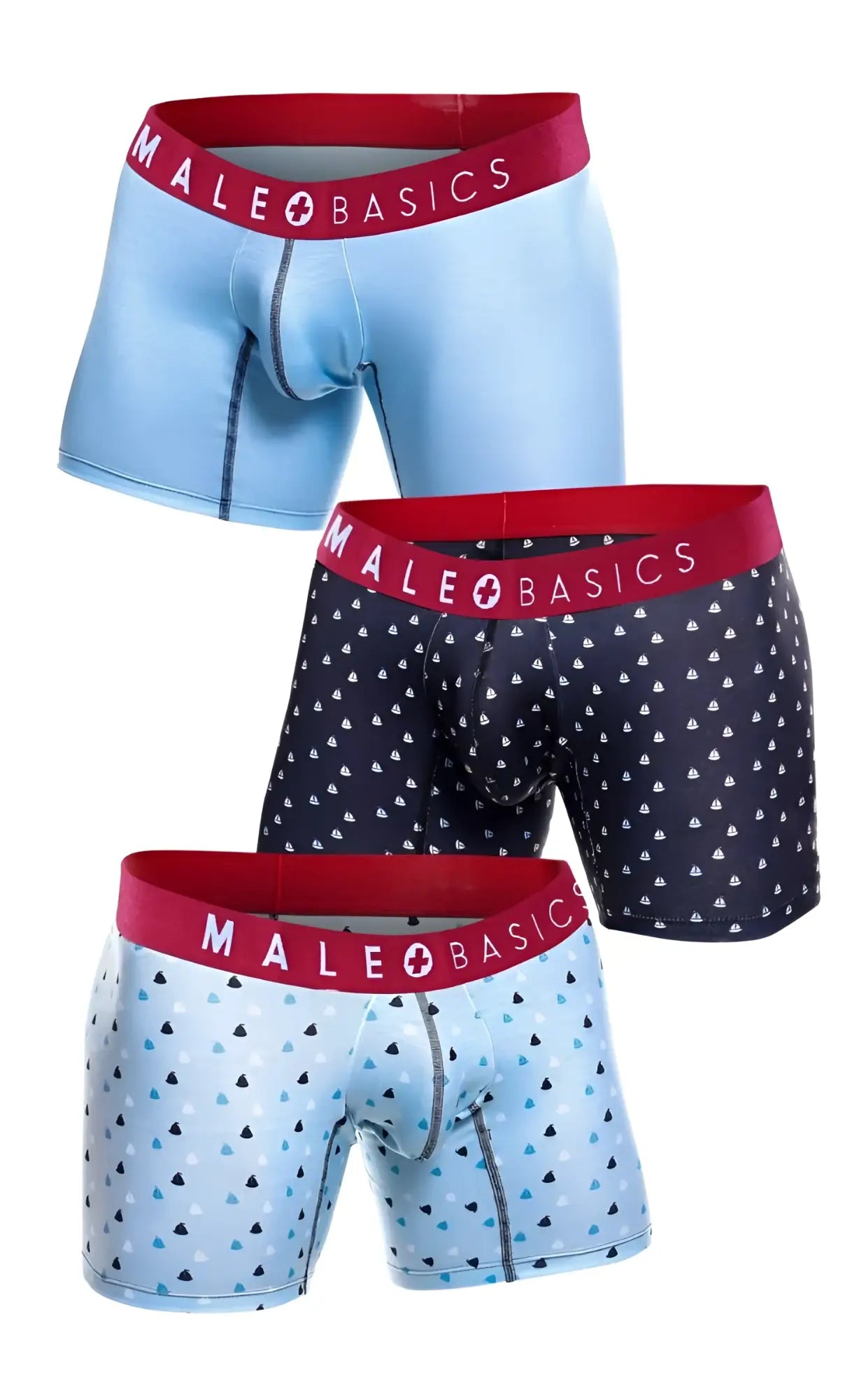 Set of three male basics boxer briefs in light blue solid navy with sailboats and light blue with teal triangles
