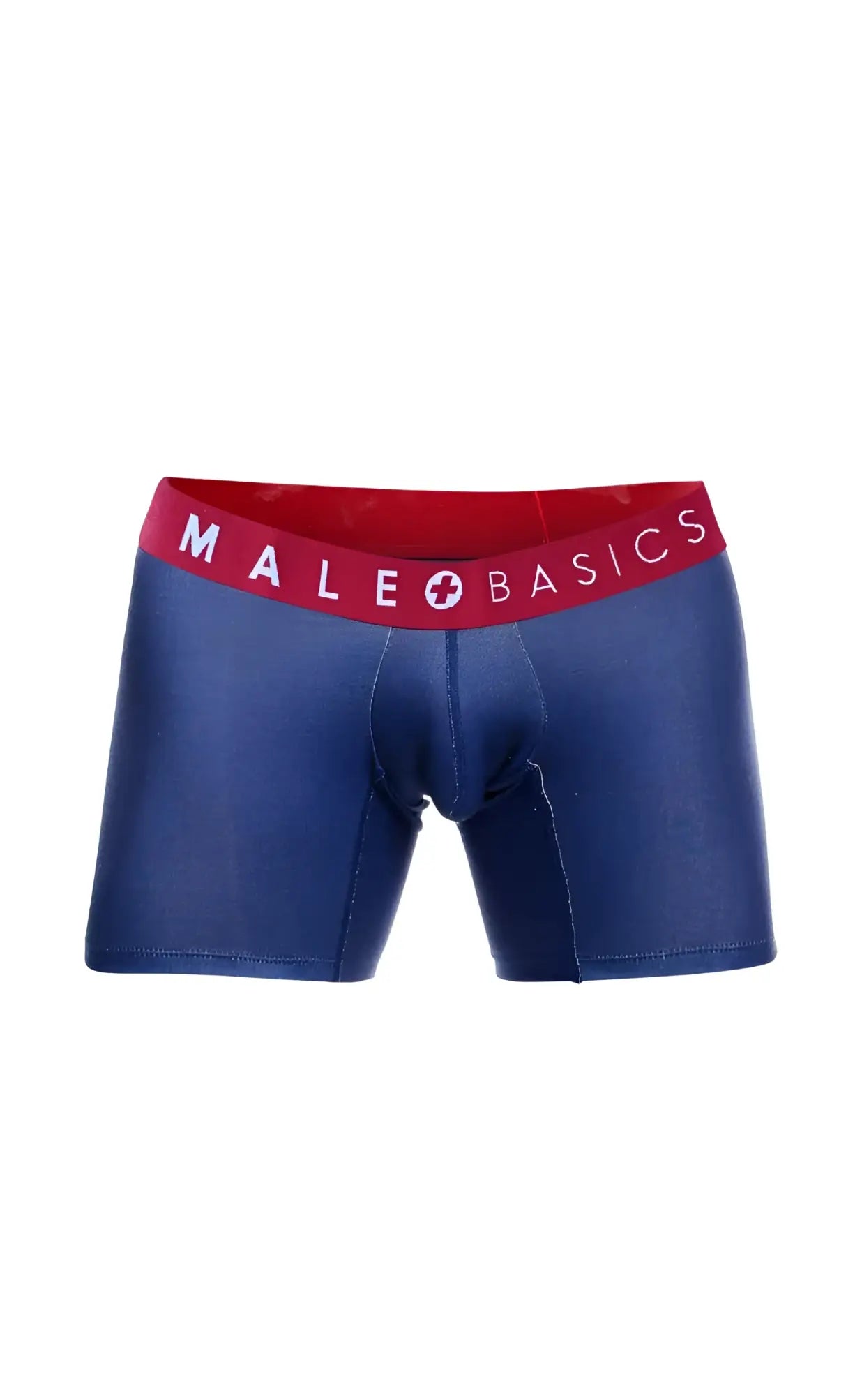 Male basics 3 pack boxer brief marine with blue fabric and red waistband featuring male basics logo in white lettering