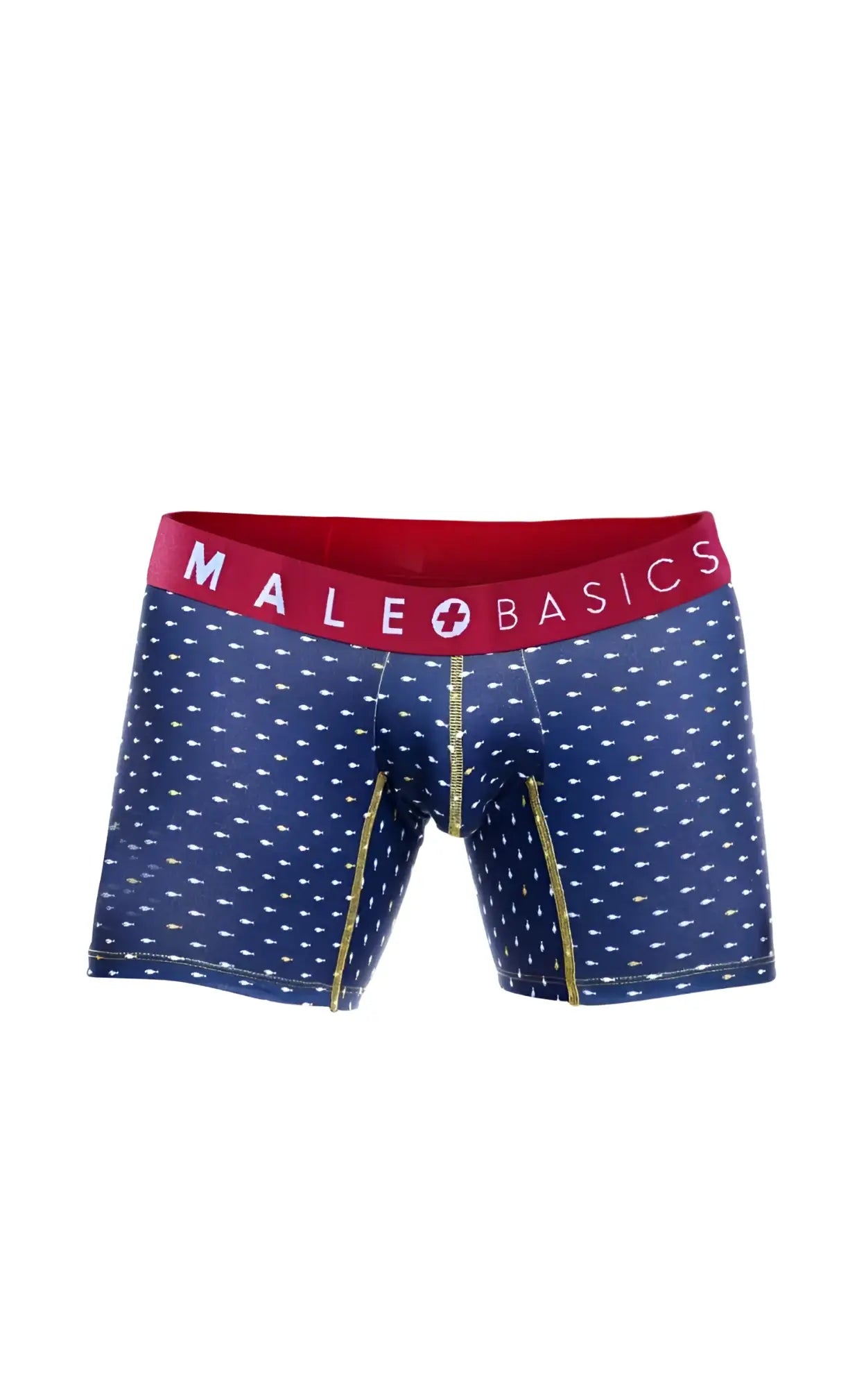 Male basics 3-pack boxer brief marine with blue patterned fabric, red waistband logo, and gold side stitching for men