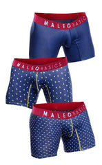 Set of three blue male basics boxer briefs with red waistbands and white triangles in marine pack