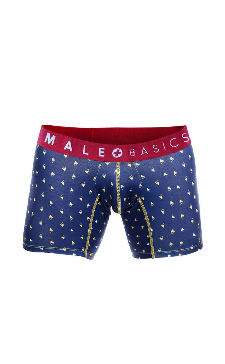 Blue men’s boxer briefs with red male basics waistband and white diamond pattern from the malebasics 3-pack marine