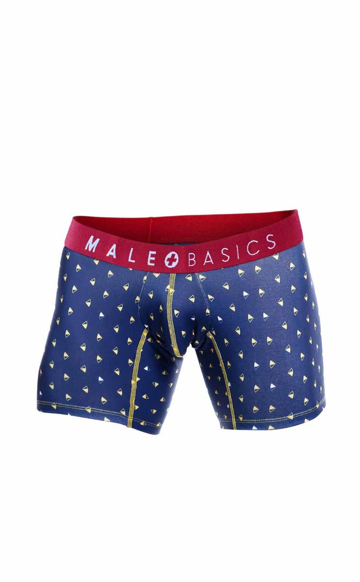 Blue men’s boxer briefs with white sailboat patterns red male basics waistband and gold stitching from MaleBasics 3-Pack Marine