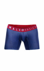 Male basics 3 pack boxer brief marine with blue fabric and red waistband featuring male basics logo in white lettering