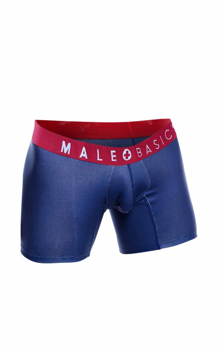 Blue men’s boxer briefs from malebasics 3-pack marine with red waistband and white malebasic logo for everyday wear