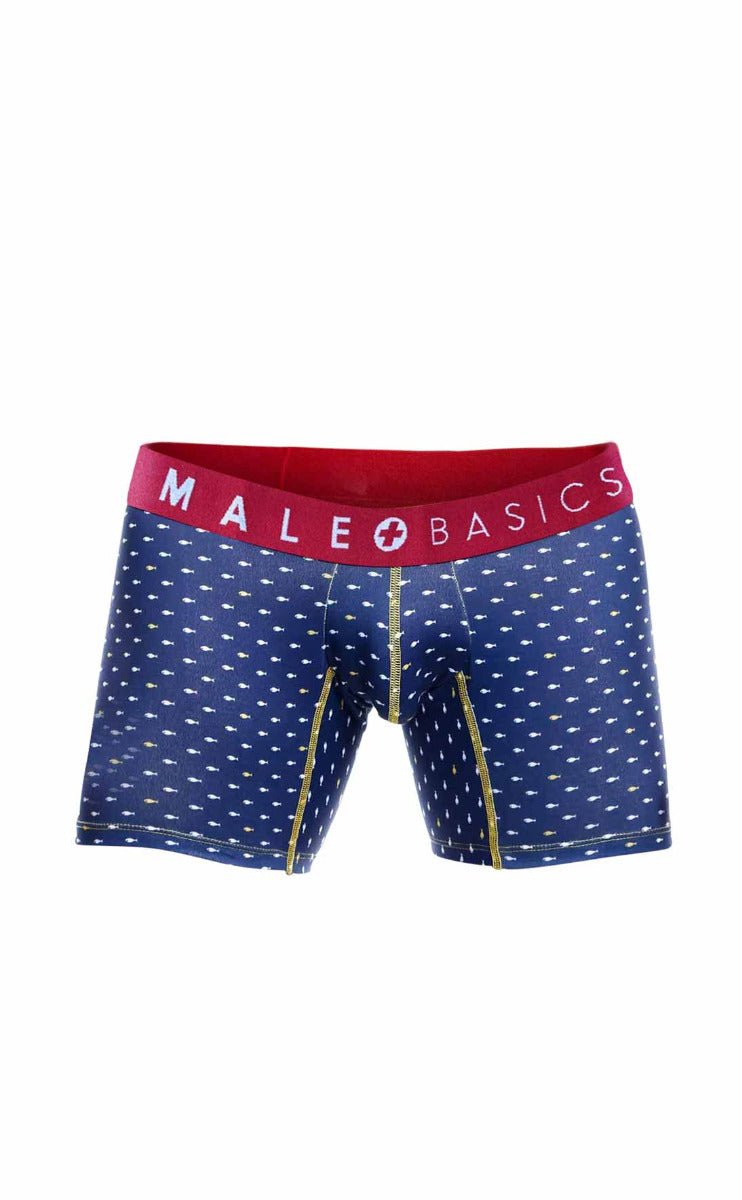 Male basics 3-pack boxer brief marine with blue patterned fabric, red waistband logo, and gold side stitching for men
