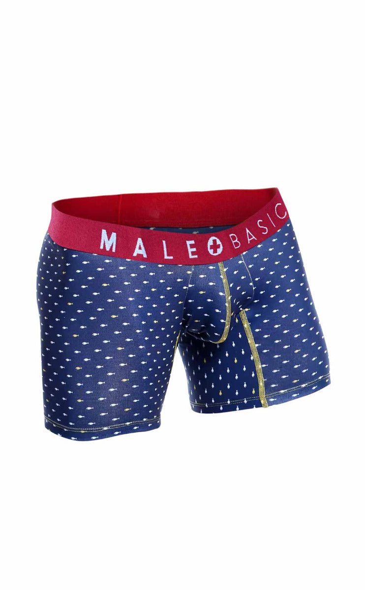 Blue patterned men’s boxer briefs with red male basic waistband and gold trim from malebasics 3-pack boxer brief marine
