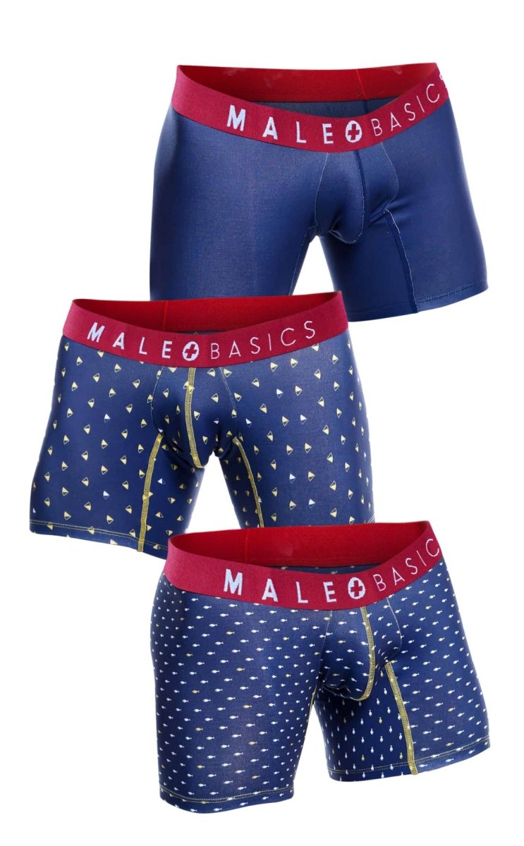 Set of three male basics marine blue boxer briefs with red waistbands and white triangle patterns for men