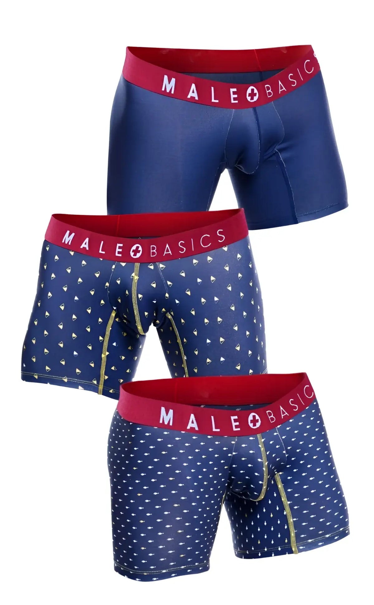 Set of three male basics marine blue boxer briefs with red waistbands one solid two patterned with white triangles