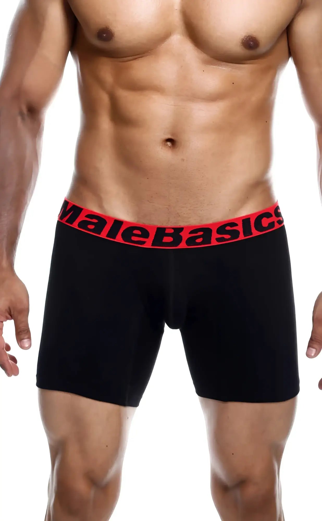 Black malebasics boxer briefs with red elastic waistband and bold black brand name in malebasics 3 pack boxer brief multi