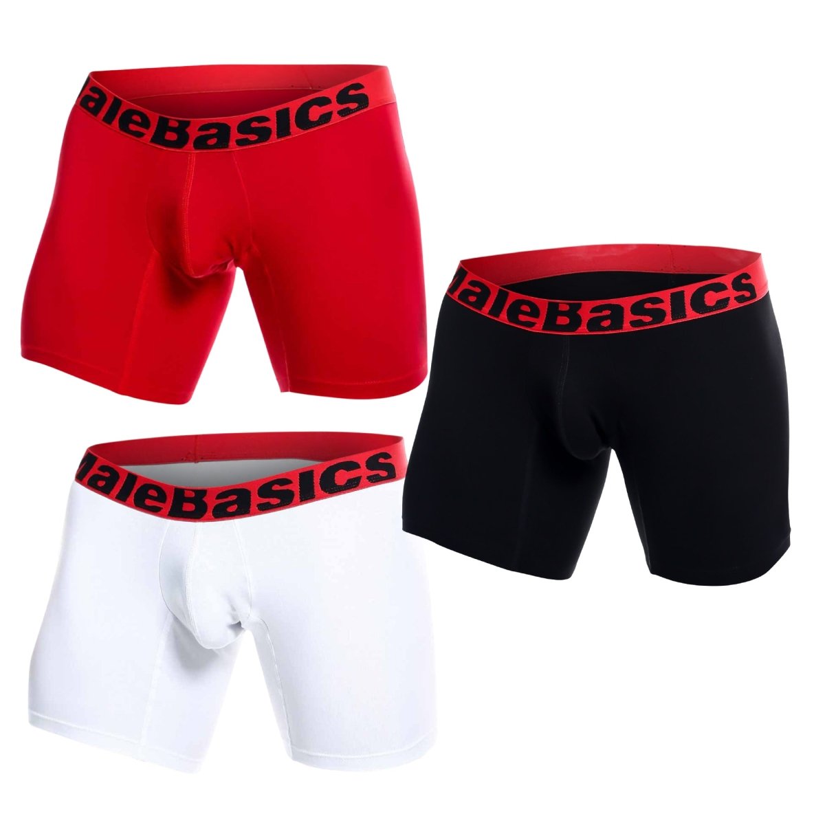Malebasics 3-pack boxer brief multi featuring red black and white elastic waistbands with alebasics branding
