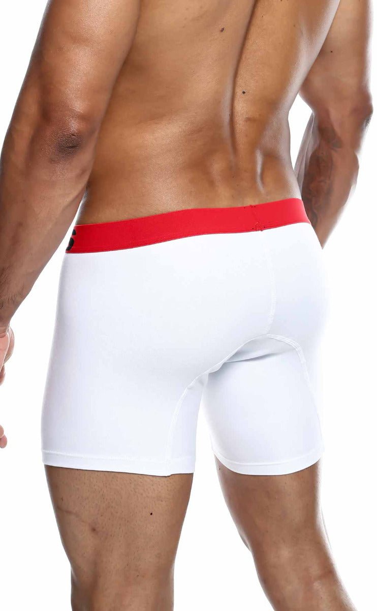 Malebasics 3-pack white boxer briefs with bold red waistband made from soft breathable fabric for everyday comfort