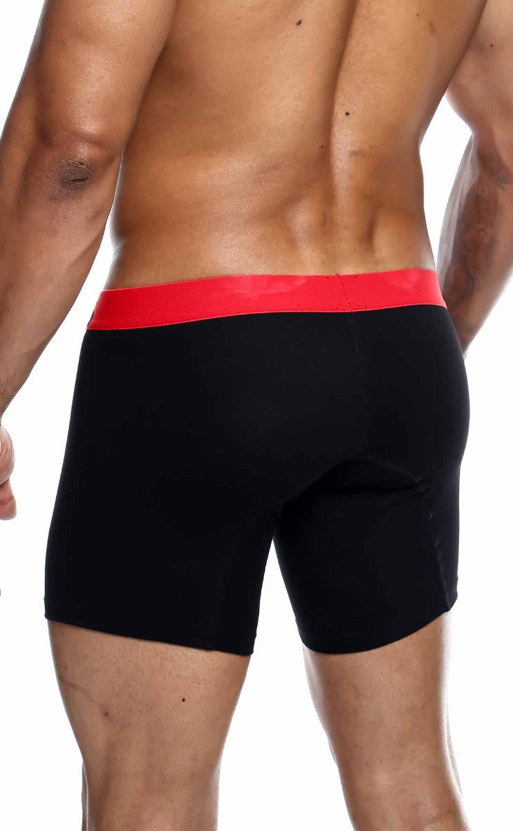 Black briefs with bold red elastic waistband part of malebasics 3-pack boxer brief multi for everyday comfort