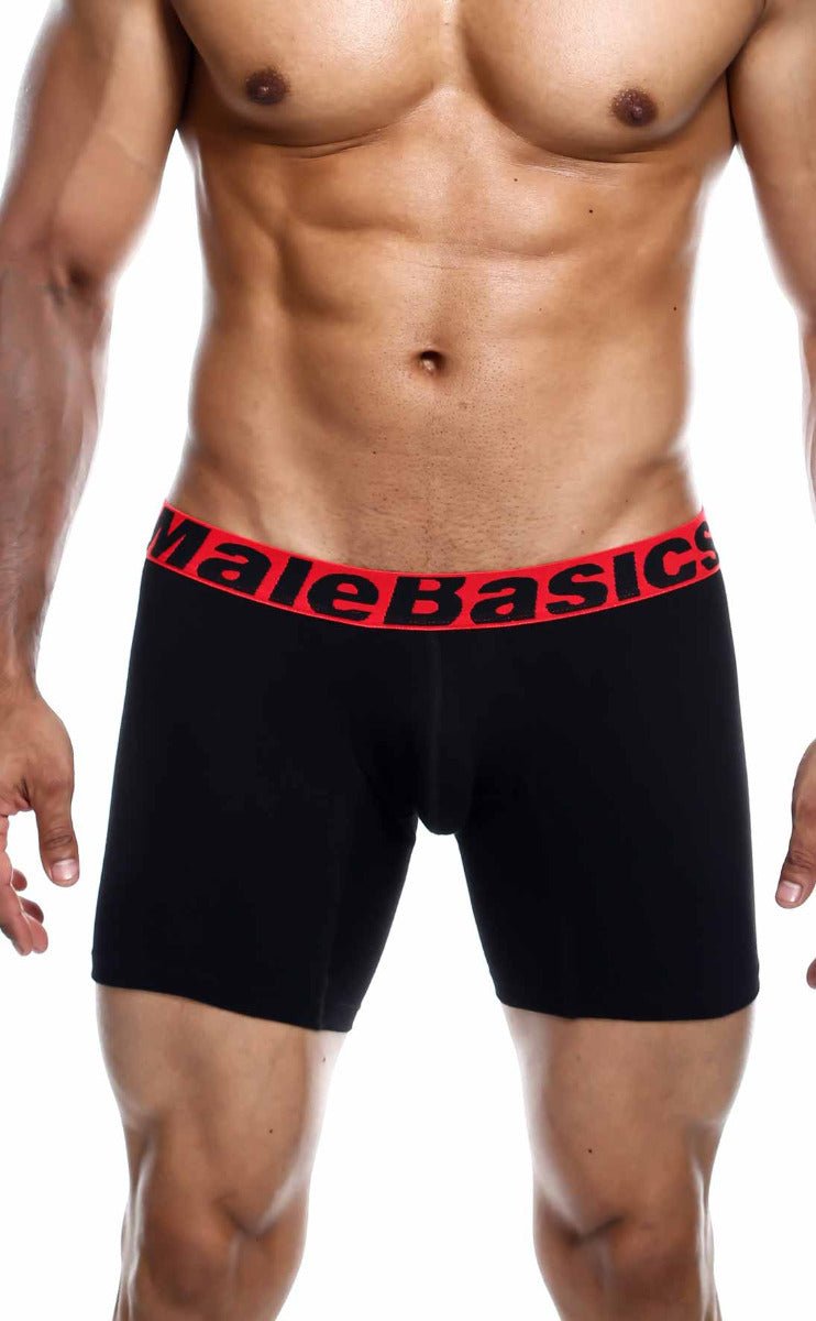 Black malebasics boxer briefs with a red elastic waistband and bold black brand name in a 3-pack multi set