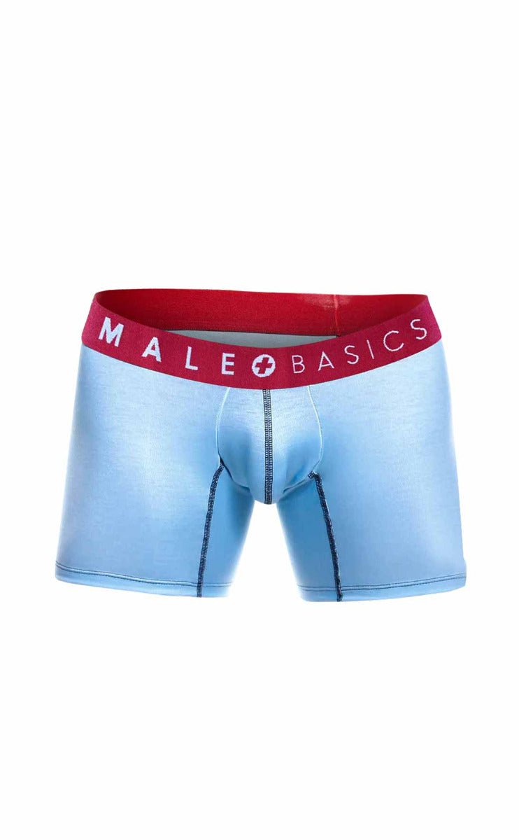 Light blue men’s boxer briefs with red waistband and male basics logo from the malebasics 3-pack boxer brief boats