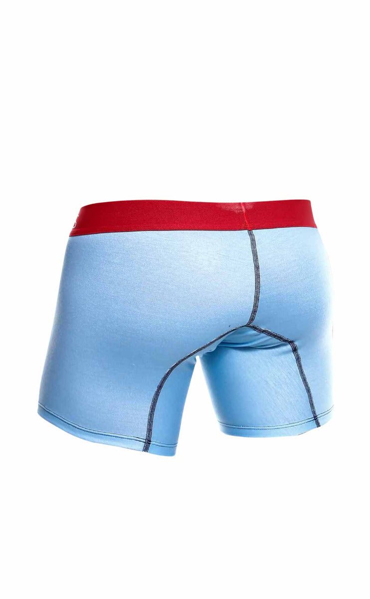 Malebasics 3-pack boxer brief boats featuring light blue fabric with red waistband and dark seam stitching for men