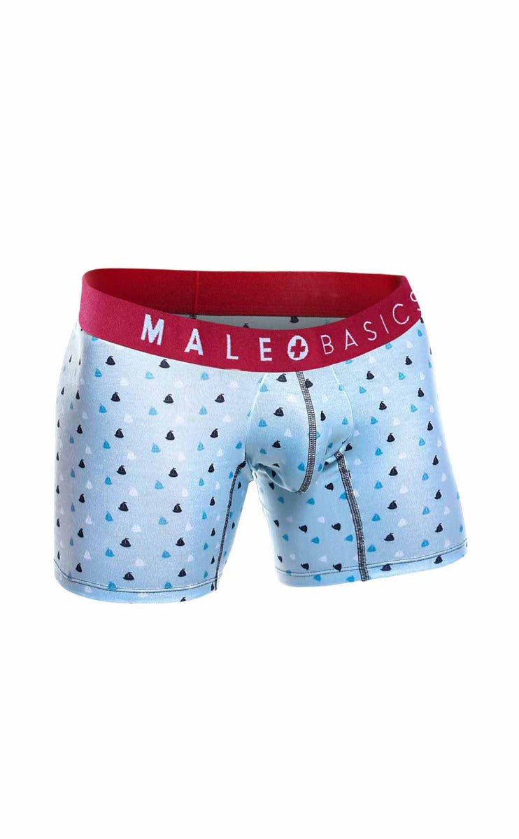 Light blue men’s boxer briefs with red male basics waistband and black teal triangle patterns from 3 pack boats set
