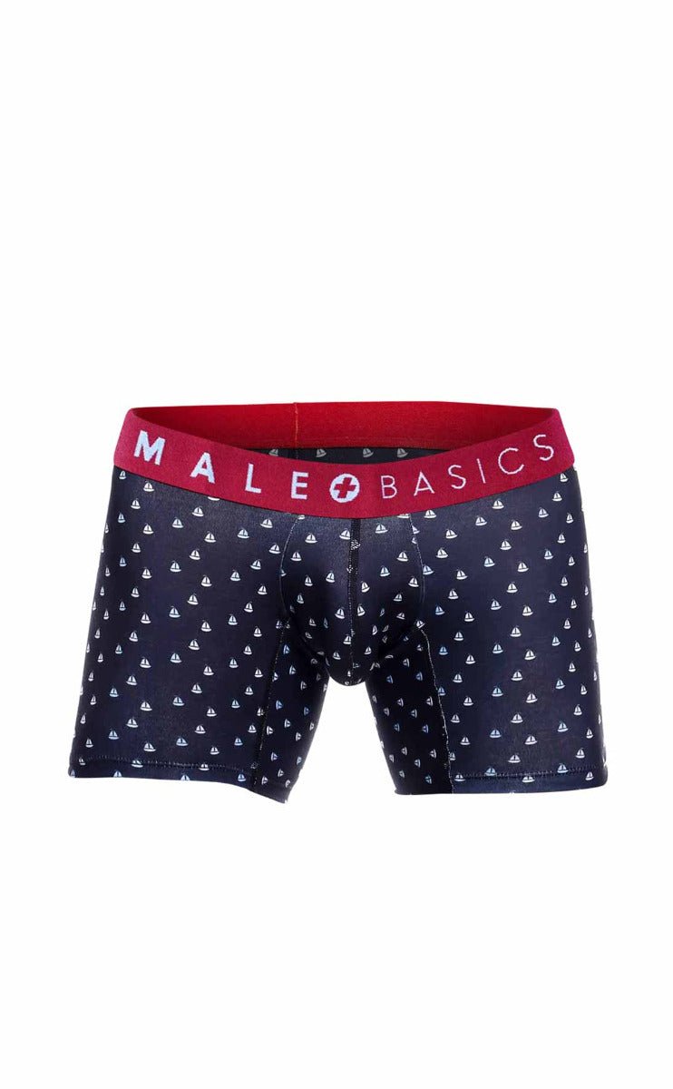 Navy blue male basics boxer briefs with white sailboat pattern and red waistband in a 3-pack boats set