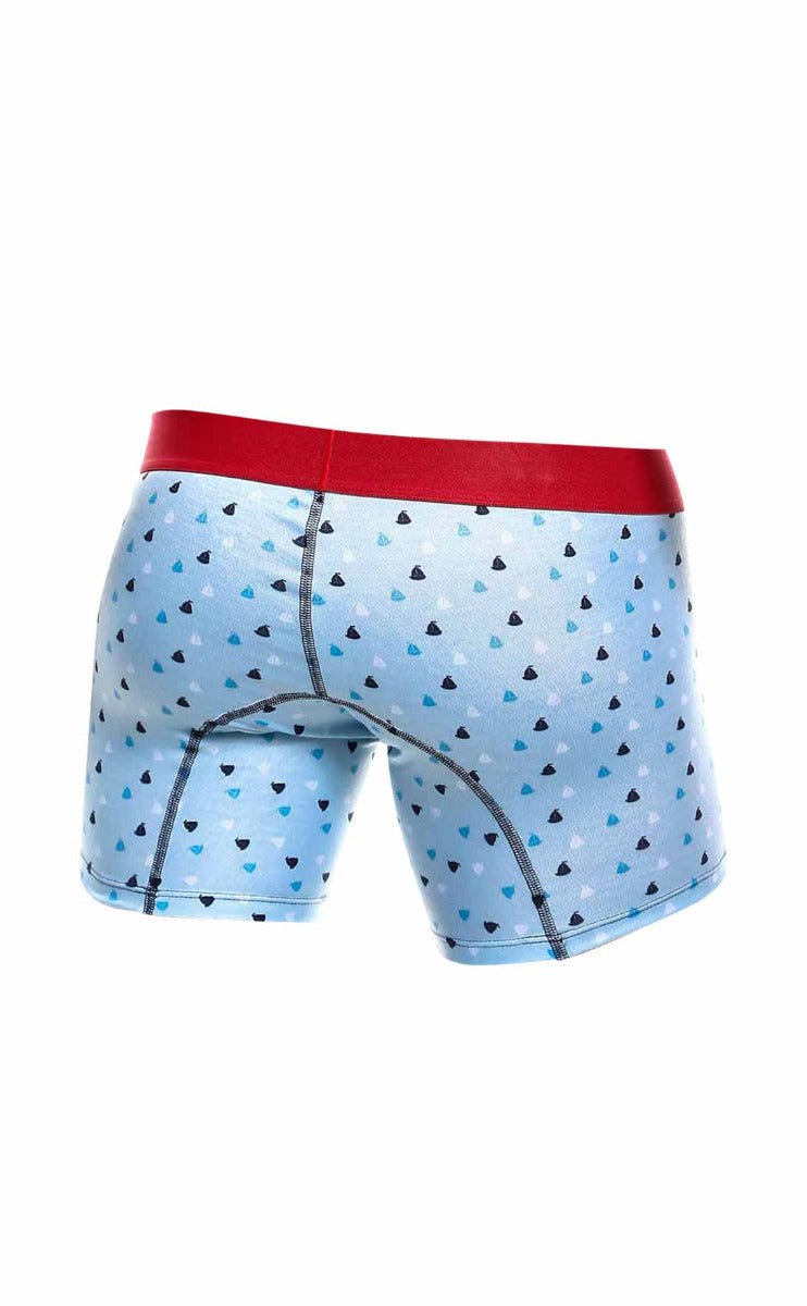 Light blue malebasics boxer briefs with black and teal triangle pattern and solid red waistband in 3-pack boats set